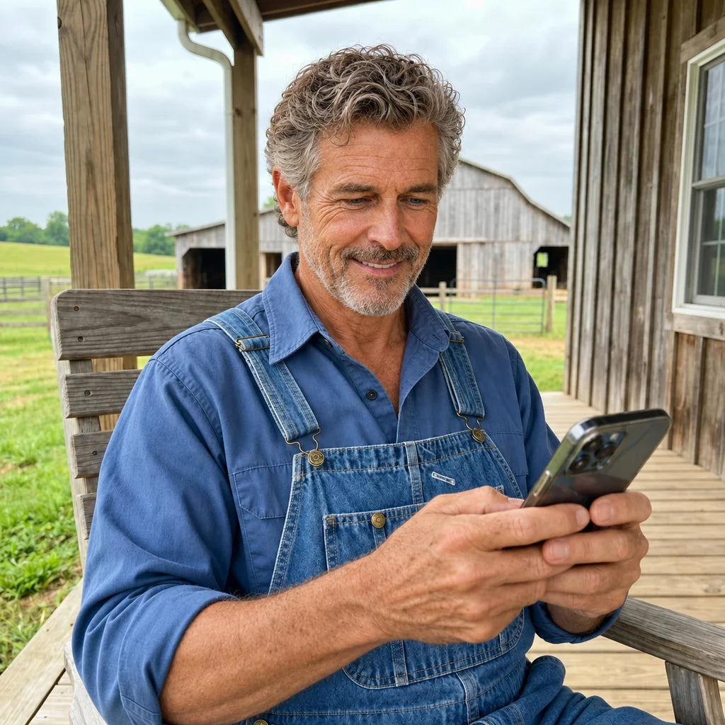 Markus Waldmann mit Mobiltelefon auf der Veranda